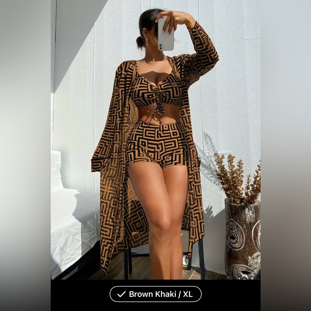 Geometric Brown Khaki 3 Piece Swim Set Bikini Size XL Never Worn